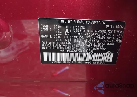 2019 Subaru Ascent Touring from USA, damaged, VIN 4S4WMARD0K3432059